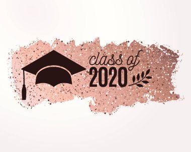 2020 mezuniyet kartı, şapka, defne, gül rengi fırça darbesi davetiye, afiş, poster, kartpostal için arka planda gül rengi fırça darbesi. Vektör şablonu. Hepsi izole ve katmanlı.