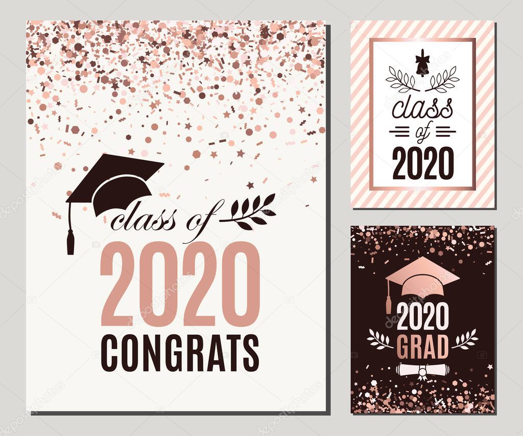 Congrats Class of 2020 greeting cards set in rose gold confetti colors. Three vector grad party invitations. Grad posters. All isolated and layered