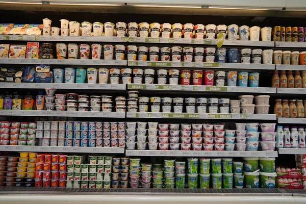 Dubai Emirados Árabes Unidos dezembro 2019 Variedade de iogurte na prateleira na loja. Grego, liso, com sabor, iogurte de frutas. Vista interior da geladeira enorme com vários alimentos e bebidas de marca. iogurte e produtos lácteos vendidos . — Fotografia de Stock