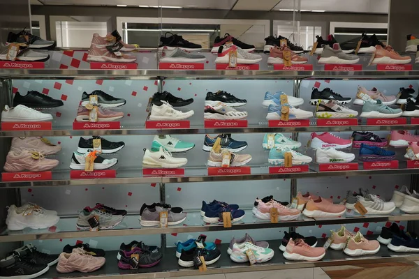 Dubai UAE December 2019 Kappa Brand Sport shoes at a shop. Footwear of various brands in the mall. Big collection of different sport shoes. — Stock Photo, Image
