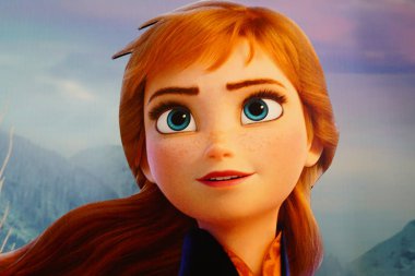 Anna character figure Frozen movie at event Frozen 2 Magical Journey. Poster from Frozen 2 Magical Journey roadshow at the event promotion of new Disney movie - Dubai UAE December 2019 clipart