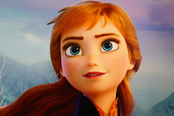 Anna character figure Frozen movie at event Frozen 2 Magical Journey. Poster from Frozen 2 Magical Journey roadshow at the event promotion of new Disney movie - Dubai UAE December 2019 — Stock Photo, Image