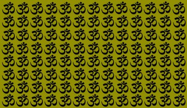 Geleneksel Kızılderili sembollü yeşil arkaplan: mantra, om, ganesh. Om, Aum, Ohm Hindistan 'ın Ruhsal Yoga Sembolü, Meditasyon, yoga mantra Hinduizm Budizm Zen, ikon.