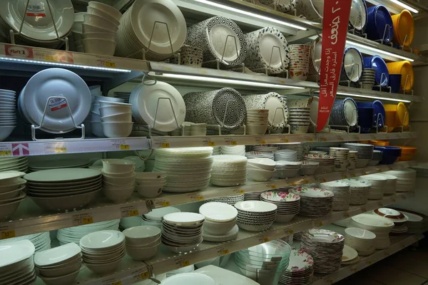 Dishes And Bowls Stacked For Sell At A Shop . Different Selections Of Plates In Sale In Front Of The Shop. Selections Have Different Prices. Varieties of tableware. - Dubai Uae December 2019 — Stock Photo, Image