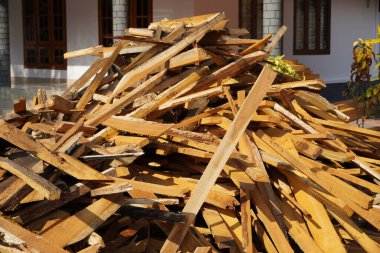 Kırık uzun ağaç gövdesi parçaları. Kırık tahta parçalarını kapatın. Çam kerestesi yongası. Parçalara ayrılmış ve parçalara ayrılmış. Ağaç gövdesi sağlam. Odun toplama yerinden çok uzakta..