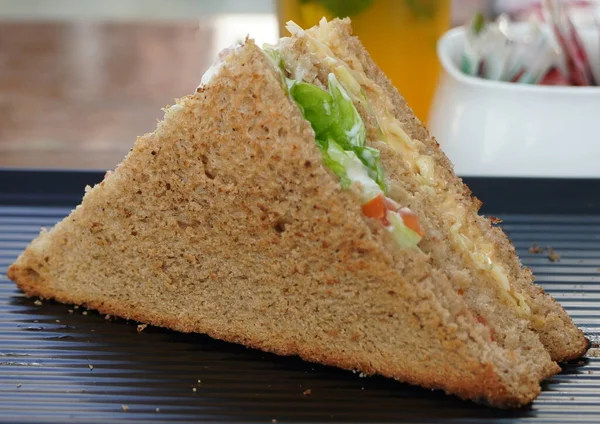A single Tuna sandwich on black serving plate. One Club Sandwich with chicken, ham, cheese, tomatoes, cucumber, bacon, lettuce, herbs and toasted bread. Front view with blurred background.