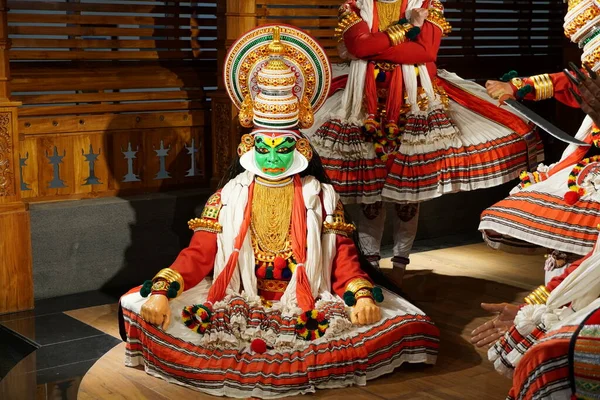 Close Kathakali Wax Figure Makeup Kathakali Účinkuje Ctnostné Pachcha Zelené — Stock fotografie