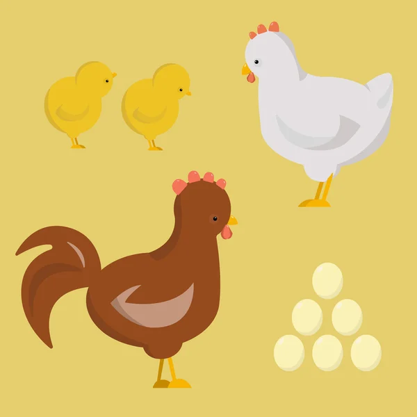 Ilustración vectorial de un gallo, gallina y pollos — Vector de stock