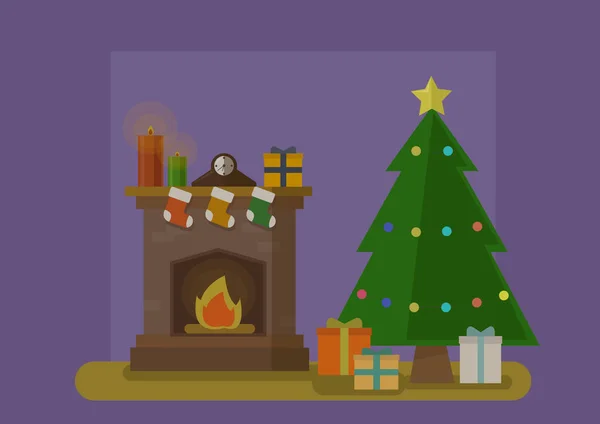 Векторна ілюстрація Новорічна ніч біля каміна з подарунками та ялинкою Ліцензійні Стокові Ілюстрації