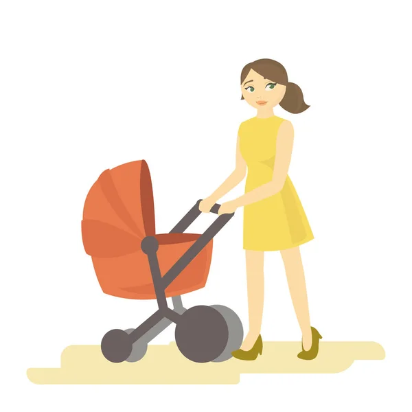 Vektorillustration einer Frau in einem gelben Kleid mit Kinderwagen — Stockvektor