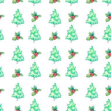 Ökseotu yaprakları ve böğürtlenli suluboya deseni ve beyaz arka planda yeşil bir Noel ağacı. Matbaa, tekstil ve ambalaj için yeni yıl için çizgi film tarzında çocuk resimleri