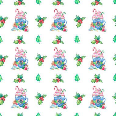 Ökseotu yapraklı ve meyveli suluboya deseni ve şekerli mavi bir fincan: krema, jöle, şeker, marmelat, beyaz arka planda kurabiyeler. Çizgi film tarzında çocuk çizimi 