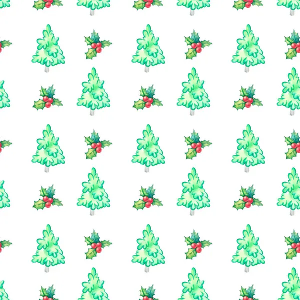 Ökseotu yaprakları ve böğürtlenli suluboya deseni ve beyaz arka planda yeşil bir Noel ağacı. Matbaa, tekstil ve ambalaj için yeni yıl için çizgi film tarzında çocuk resimleri
