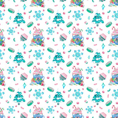 Şekerli suluboya resim: kurabiyeler, marmelat, krema, şekerler, kar taneleri, Noel ağaçları, çörekler, beyaz bir zemin üzerinde rulo. Çizgi film tarzında bir fincanın çocuk çizimi