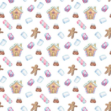 watercolor pattern with gingerbread men, gingerbread houses, sweet marshmallows on a white background. Cartoon illustration for Christmas and New Year