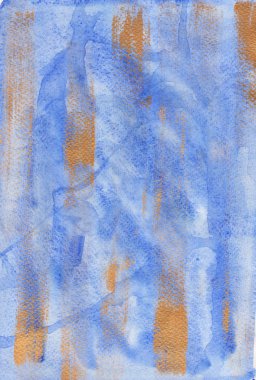 Mavi suluboya soyut arkaplan. Şeffaf mavi suluboya fırça darbeleri, lekeler ve altın dokular. Tekstil, kağıt, ambalaj için soyut doku.