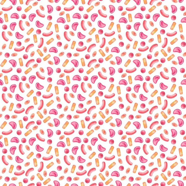 オレンジ ピンク 赤のお菓子と水彩柄 漫画のスタイルで白い背景に異なる形状の甘いキャンディー 繊維のための食品イラスト — ストック写真