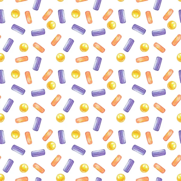 オレンジ 紫のお菓子と水彩柄 漫画風の白い背景に丸みを帯びた長方形の甘いキャンディー 繊維のための食品イラスト — ストック写真