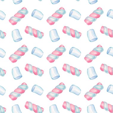Watercolor pattern with marshmallows. Illustration of striped marshmallows and white marshmallows in cartoon style on a white background for paper, textile, packaging