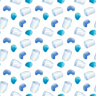 Şekerlemeli suluboya deseni. Kağıt, tekstil, ambalaj için beyaz arka planda beyaz marşmelov ve mavi şekerlerin çizimi