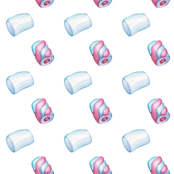 Watercolor pattern with marshmallows. Illustration of striped marshmallows with filling and white marshmallows in cartoon style on a white background for paper, textile, packaging