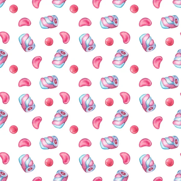 マシュマロの水彩模様 包装用の白い背景に漫画のスタイルで充填とピンクのお菓子とストライプのマシュマロのイラスト — ストック写真