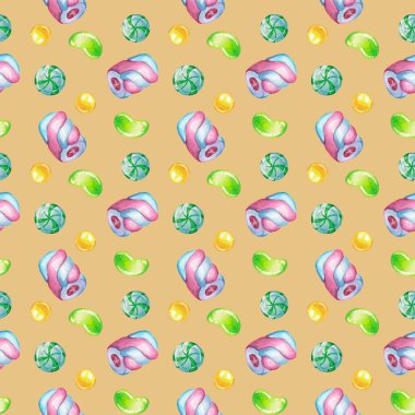 Watercolor pattern with sweets. Watercolor striped marshmallows with fruit filling, round yellow and green sweets on a beige background. Watercolor illustration of confectionery for paper, textile