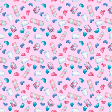 Watercolor pattern with sweets. Watercolor white and striped marshmallows with filling, blue and pink candies on a light pink background. Watercolor illustration of confectionery for paper, textile
