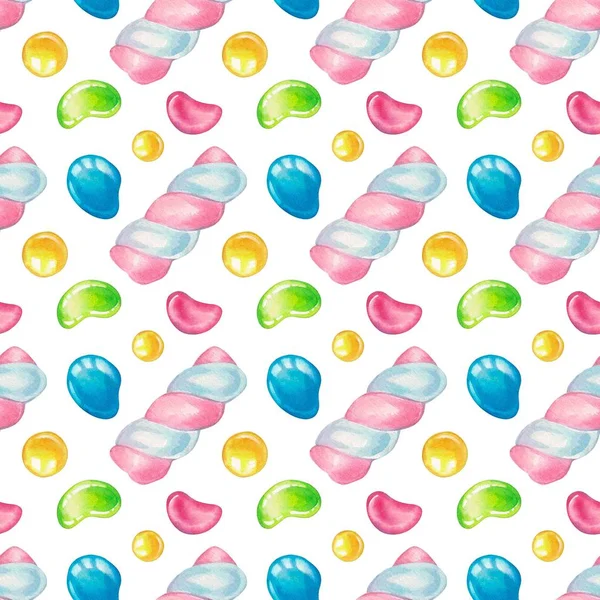 Watercolor Pattern Sweets Watercolor Striped Marshmallows Yellow Green Blue Pink — ストック写真