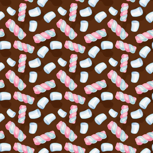 Watercolor Pattern Sweets Watercolor White Striped Marshmallows Brown Background Watercolor — ストック写真