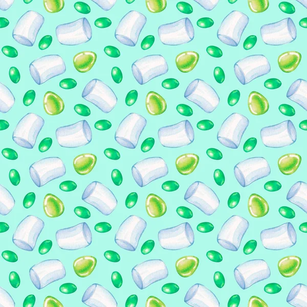 Watercolor Pattern Sweets Watercolor White Marshmallows Green Candies Turquoise Background — ストック写真