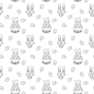 Vektör çizimi. Yumurta kabuğunda Paskalya tavşanı, paskalya yumurtaları, kalpler. Çiçekler ve böğürtlenlerle çizilmiş şirin bir hayvan. Vektör hayvanlar