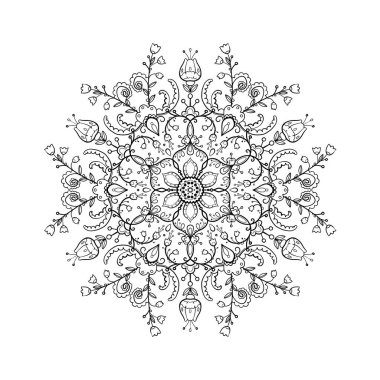 Mandala ile boyama kitabı. Mandala çiçekleri, desenleri, bukleleri, beyaz arka planda siyah çizgileri çizgi film tarzında. Yapraklar, dallar ve çiçeklerle dekoratif çizimler