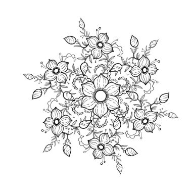 Mandala ile boyama kitabı. Mandala, çiçekler, yapraklar, bukleler ve böğürtlenlerle beyaz arka planda çizgi film tarzında siyah çizgi. Süslü botanik mandala çizimi.