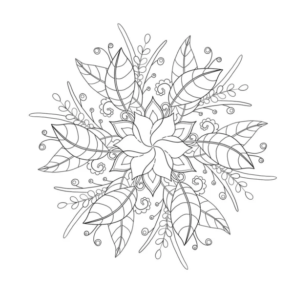 マンダラとのぬり絵 小さな要素と漫画のスタイルで白い背景にマンダラと植物のイラスト 葉や花でぬり絵 — ストック写真