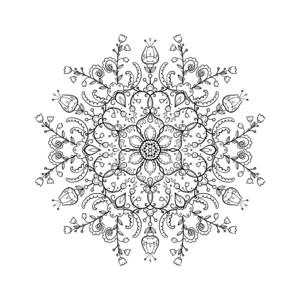Mandala ile boyama kitabı. Mandala çiçekleri, desenleri, bukleleri, beyaz arka planda siyah çizgileri çizgi film tarzında. Yapraklar, dallar ve çiçeklerle dekoratif çizimler