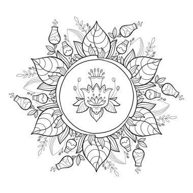 Mandala ile boyama kitabı. Dekoratif yaprakları, çiçekleri ve beyaz arka planda siyah çizgisi olan mandala. Renklendirme ve gevşeme için dekoratif illüstrasyon