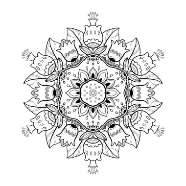 Mandala ile boyama kitabı. Dekoratif ayçiçekleri, yaprakları, erkek organları ve diğer çiçeklerle mandala. Çizgi film tarzında beyaz bir arkaplanda siyah bir çizgi var. Renkler için dekoratif illüstrasyon  