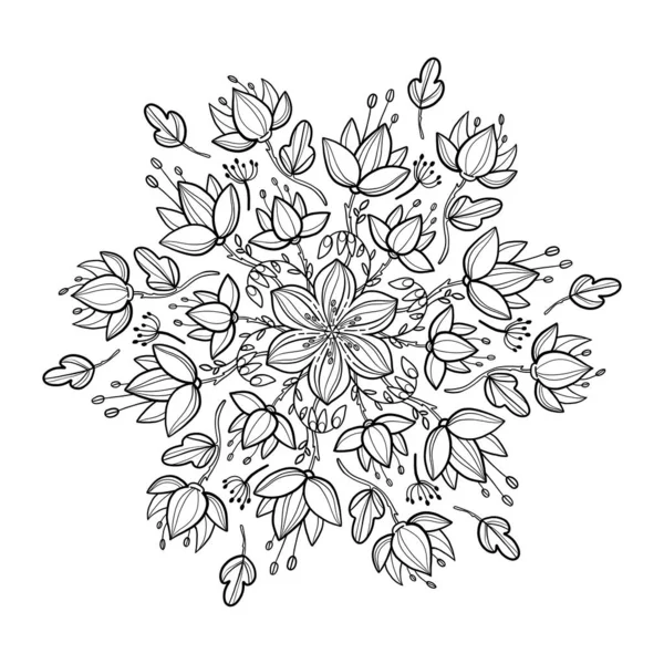 Розмальовка Мандали Мандала Декоративним Листям Тичинками Квітами Чорною Лінією Білому — стокове фото