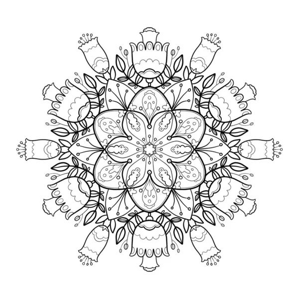 マンダラとのぬり絵 大きな花 葉を持つ曼荼羅は 漫画のスタイルで白い背景に黒い線で雄しべ 彩色と休息のための装飾的なイラスト — ストック写真