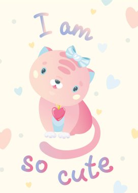 Şirin bir kedi yavrusu resmi. Vektör kedi kafasında bir yayla çizgi film tarzında hafif bir arka planda oturuyor. Çocuk tekstili ve tabaklar için illüstrasyon. Sevimli bebek izi.