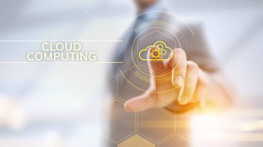 Ekranda bulut hesaplama ağı ve internet kavramı.