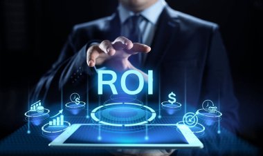 ROI Yatırım finansal büyüme kavramına grafik, grafik ve simgelerle dönüş.