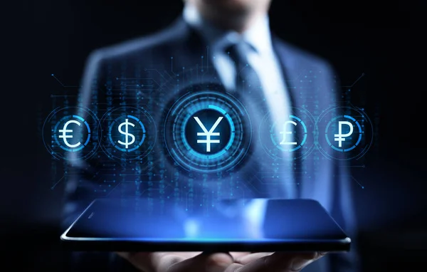 Icona segno di valuta Yen sullo schermo virtuale. Forex trading concetto di tecnologia aziendale . — Foto Stock