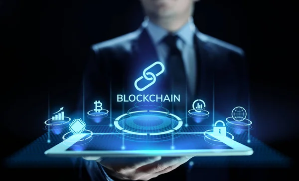 Blockchain Cryptocurrency έννοια της χρηματοοικονομικής τεχνολογίας στην οθόνη. — Φωτογραφία Αρχείου