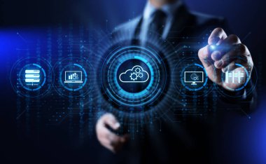 Ekranda bulut hesaplama ağı ve internet kavramı.