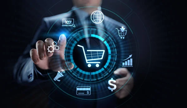 E-Commerce Online Shopping Digitales Marketing- und Vertriebstechnologiekonzept. lizenzfreie Stockfotos