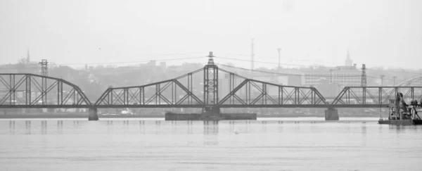 Metal Train Bridge Water Black White — Stock Photo, Image