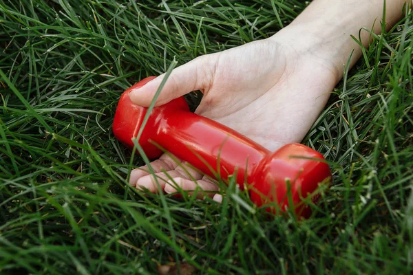 Yeşil çimenlerin üzerinde kırmızı halter