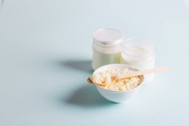 Süt mantarı organik probiyotik mayalanmış süt ürünleri cam kase. Mayalanmış yiyecekler sağlıklı yeme konsepti. Boşluğu kopyala.